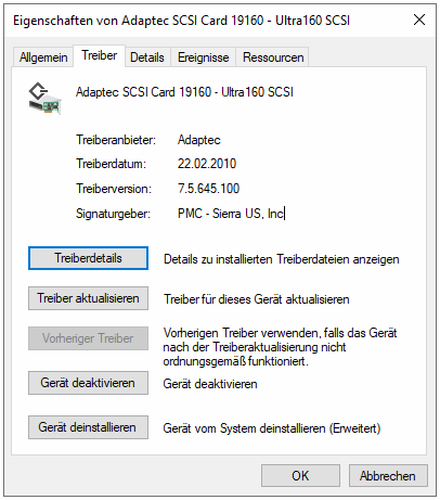 Windows driver info for Adaptec SCSI Card 19160